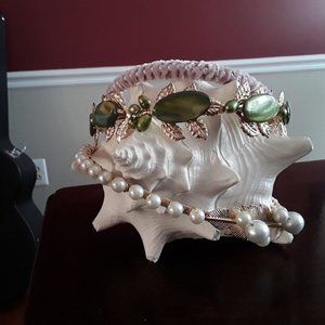 2 handmade headbands white  and  green.  Pink headband is a nice gift.